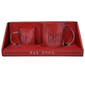 Rae Dunn Small & Large Glass Mug Set Dbl Sided Graphic LL Print Sip Gulp…